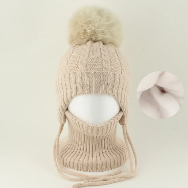 Children's Real Fox Fur Ball Hat Scarf Set Autumn and Winter Fleece-Lined Warm Earflaps Caps and neck warmer for Boys and Girls