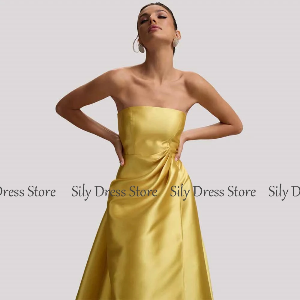 Simple Ceremony Evening Dresses 2025 Satin A-line Celebrity Dress Golden Strapless Pleat Split Prom Dress Long