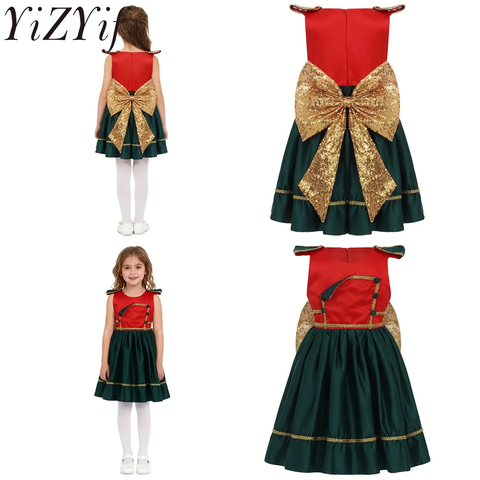 

Детское рождественское рождественское платье для девочек, одежда Санта-Клауса, дизайн без рукавов с рюшами и съемным бантом из пайеток для новогоднего фестиваля