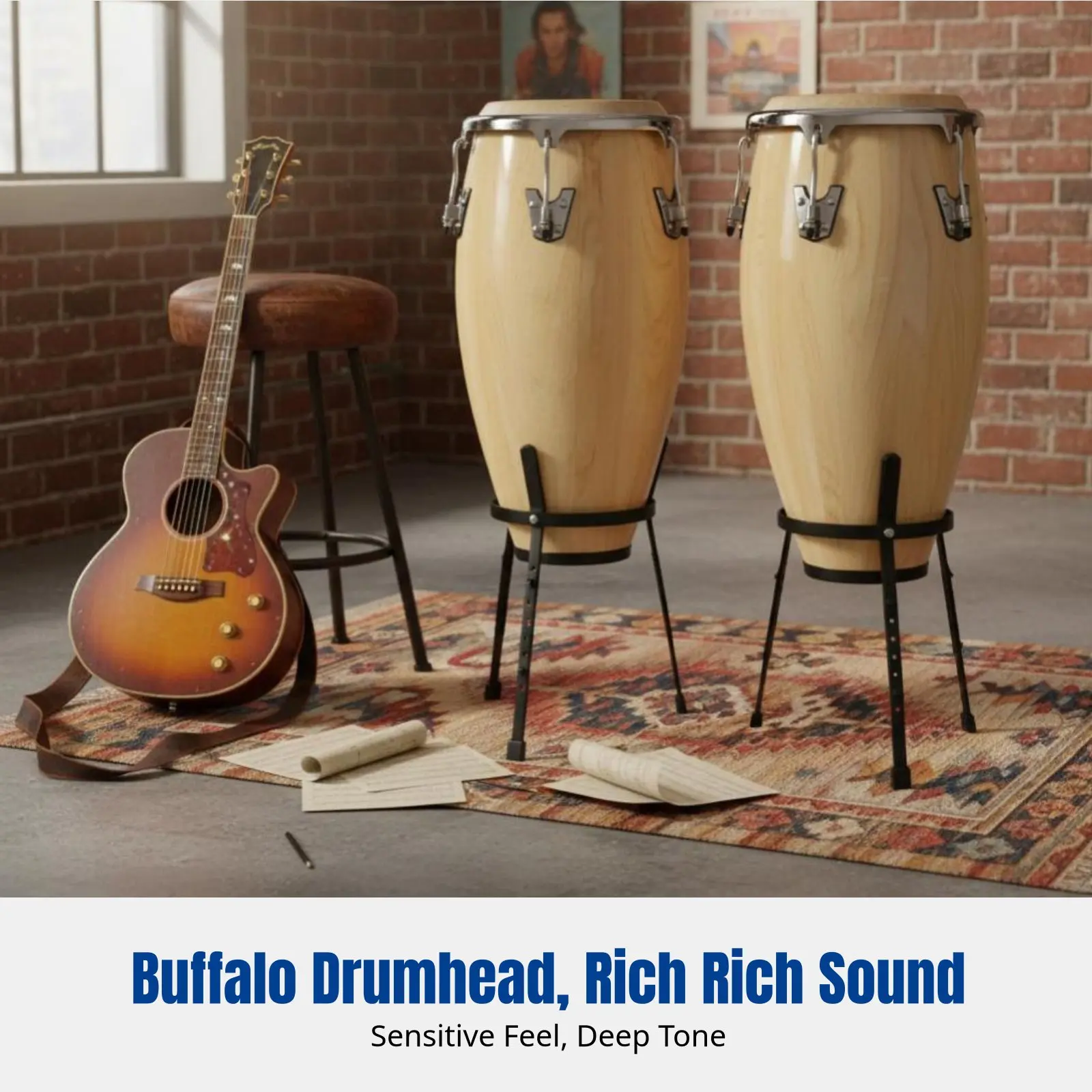 Latin Hand Drum, Conga, Buffalo Skin, Professional Percussion, Multi-Color, Wooden, Stage Use