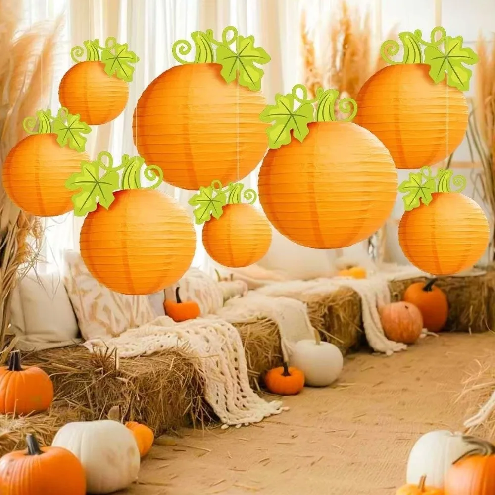 Halloween Orange Hanging Pumpkin Lantern Paper Round Shape Paper Lantern Decor Hanging Halloween Lantern Decoration Balcony