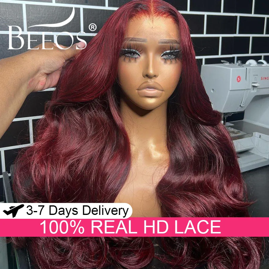 

Body Wave 250% Burgundy 13x6 Real HD Lace Frontal Human Hair Wig 99j Red Colored HD Transparent Lace Pre Plucked Bleached Knots