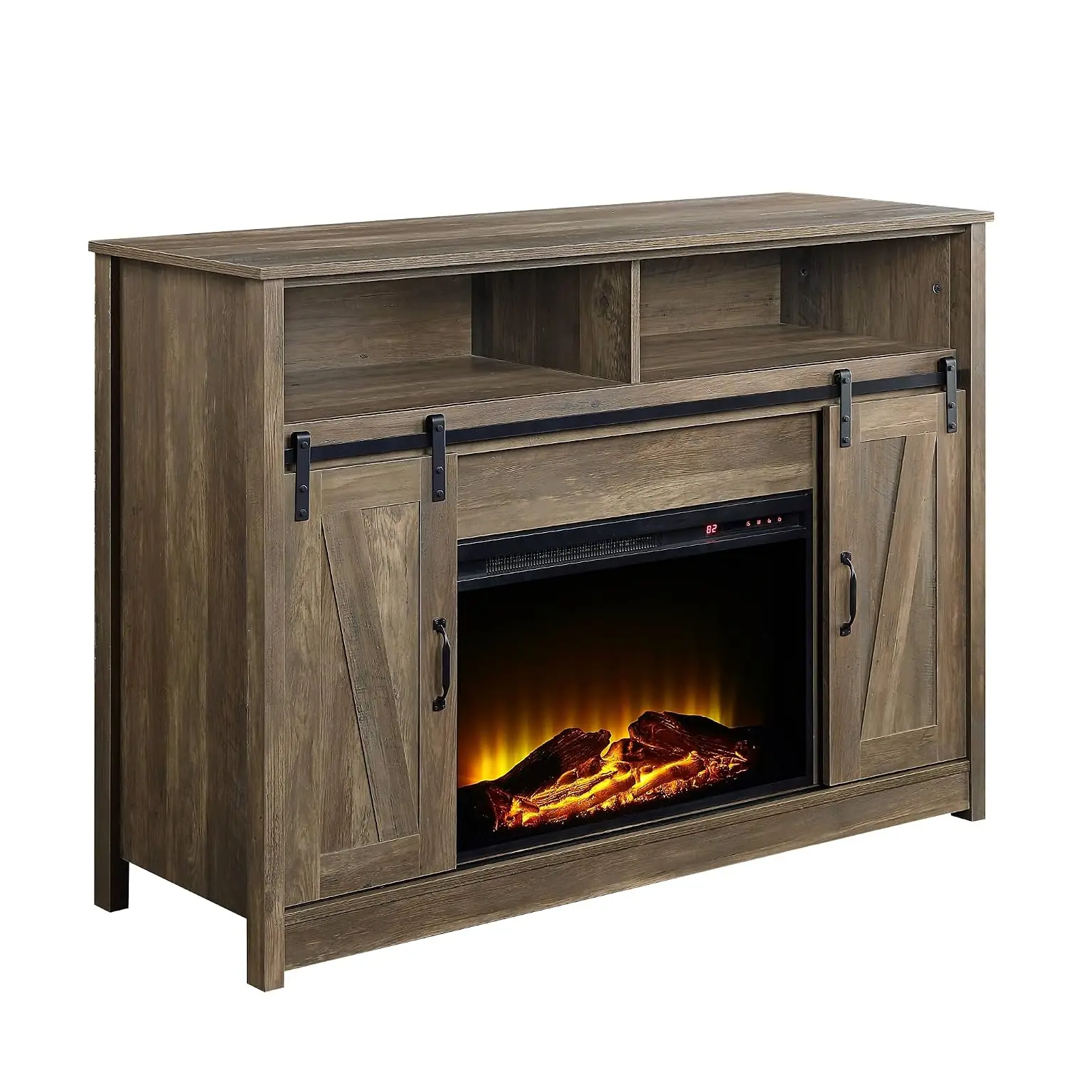 Rustic Oak 2-Door Fireplace with 2 Shelves & Storage Compartment, Sliding Door Space Efficient Design, Customized