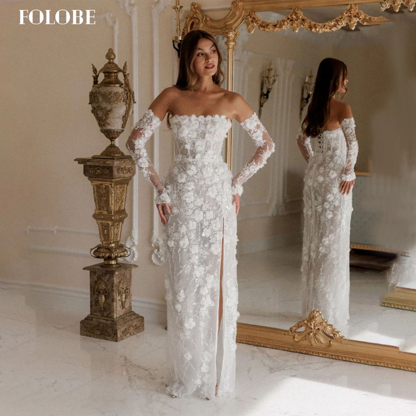 

FOLOBE White Strapless Mermaid Prom Dress with 3D Flowers High Slit Formal Evening Dresses vestidos de noiva Customized