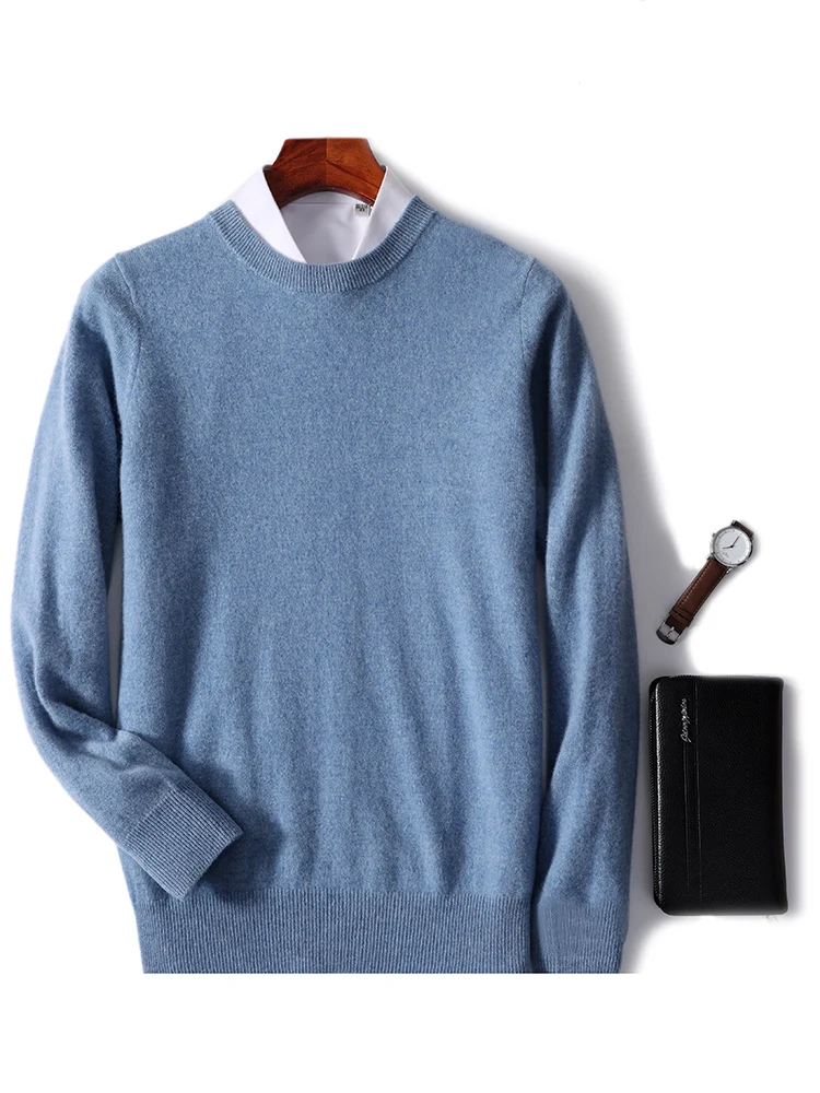 Spring Autumn 100% Pure Merino Wool Pullover Sweater Men O-Neck Long-sleeve Cashmere Basic Knitwear Clothing