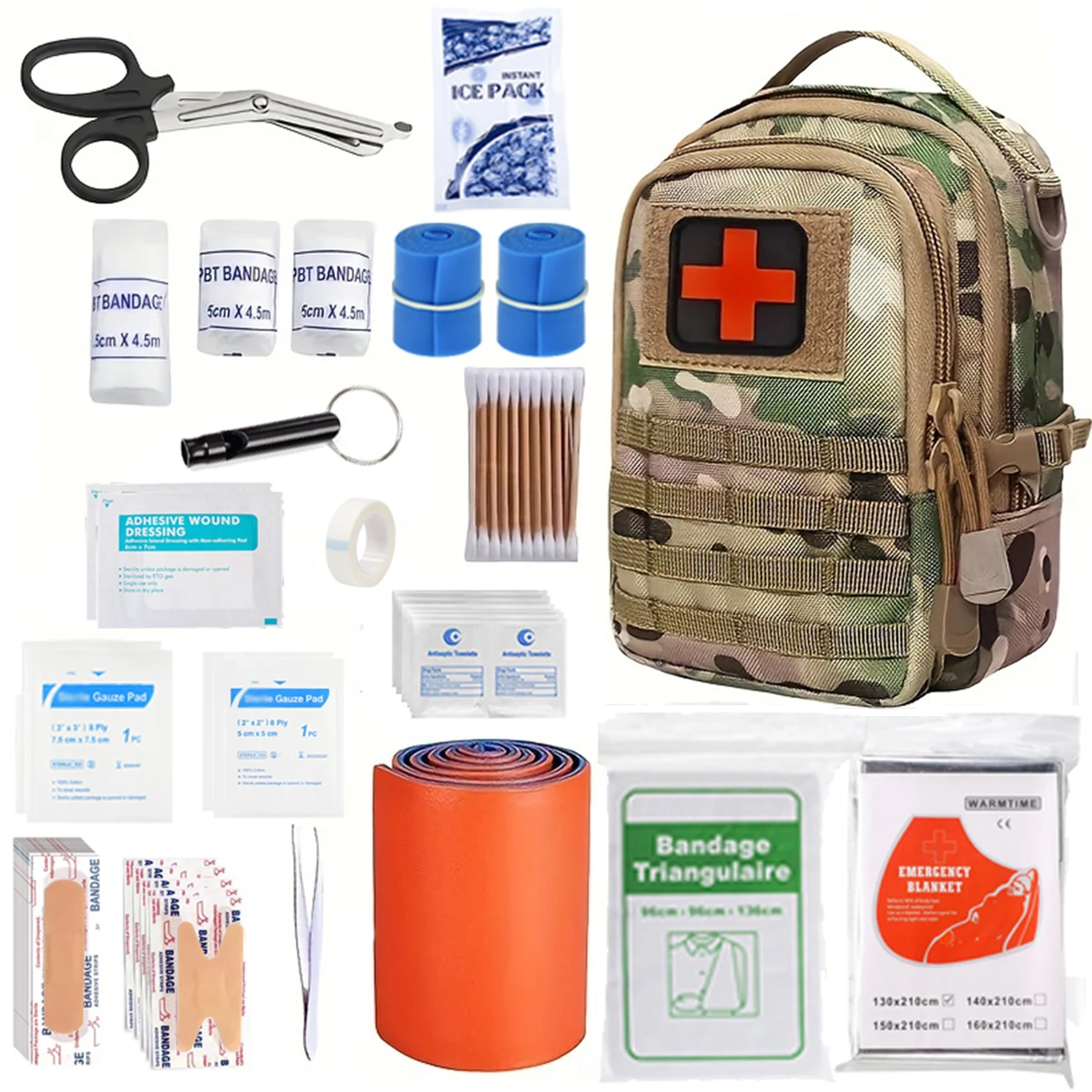 

120tactical first aid kit with scissors, ice pack - for hiking, camping, hunting, car emergencies, boating, travel and adventure