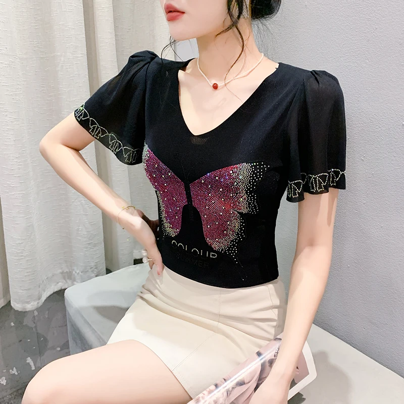 

Heavy-Work Rhinestone ort-Sve V-Ne Me Slim-Fit T-irt Sexy Summer Faion Street-Sle Print Animal aphic