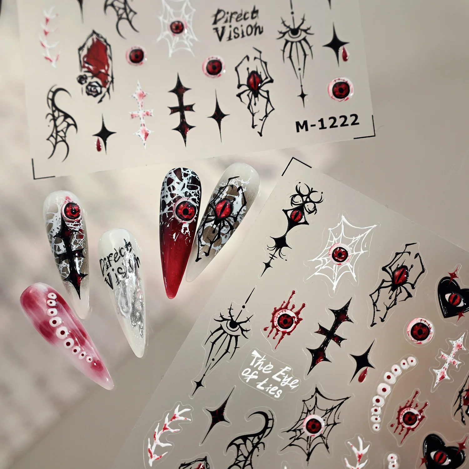 5D Gothic Halloween Rode Duivelsoog Spinnenweb Ghost Bone Sword Cross Adhesive Nail Art Stickers Decals Manicure Wild Charms