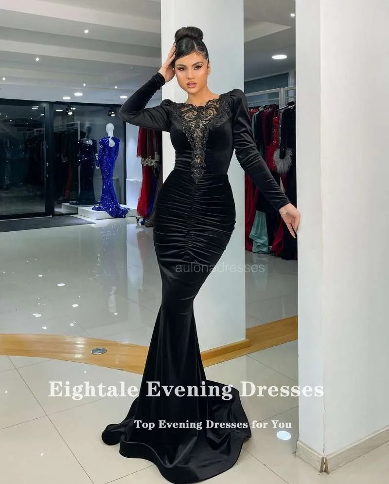 Eightale Vevet Evening Dresses O-Neck Appliques Mermaid Prom Gown Long Sleeves Dark Green Arabic Customized Party Dress