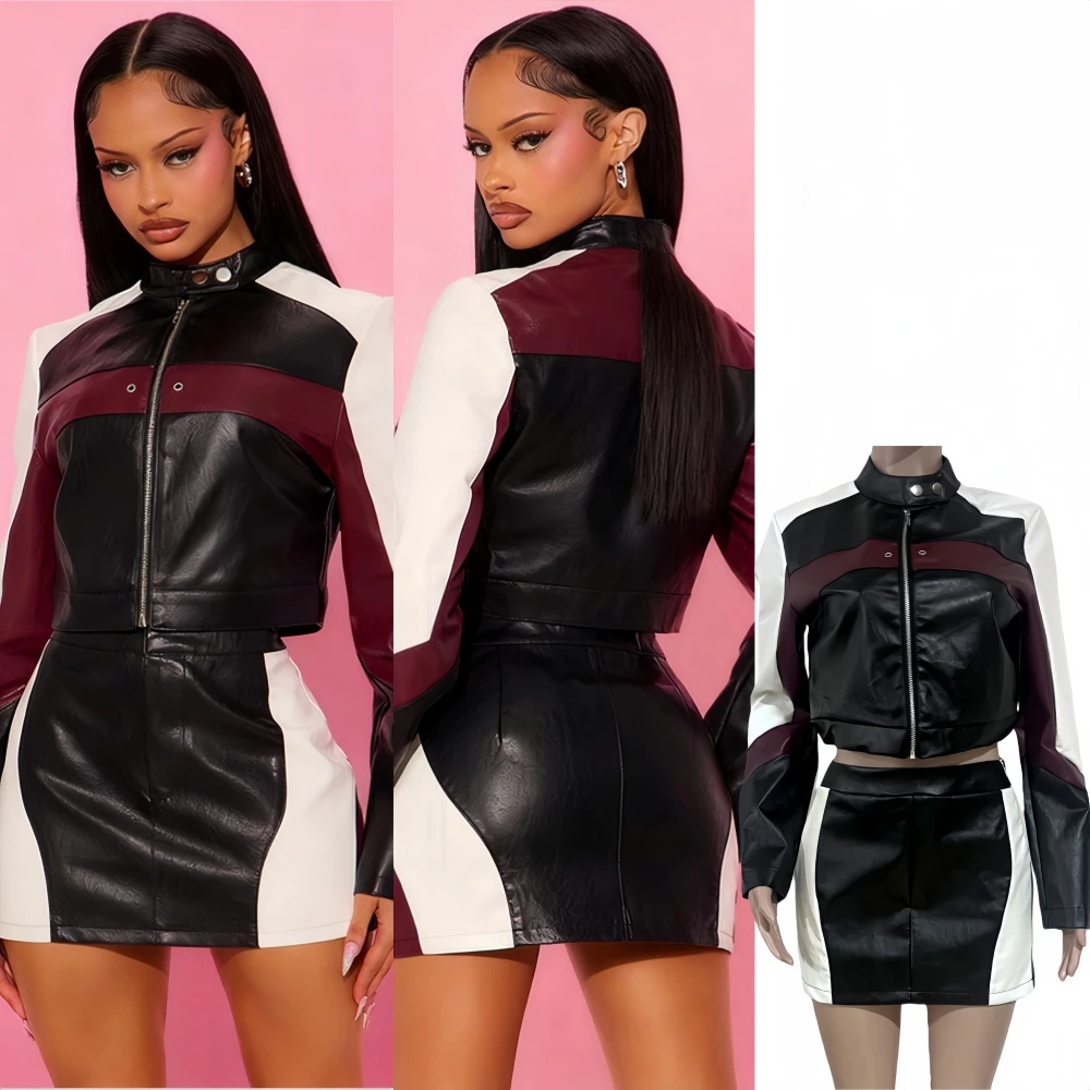 FAGADOER Sexy Leather Patchwork 2 Pieces Set for Woman Outfit Color Block Long Sleeves Crop Top+skirt Matching Female Streetwear
