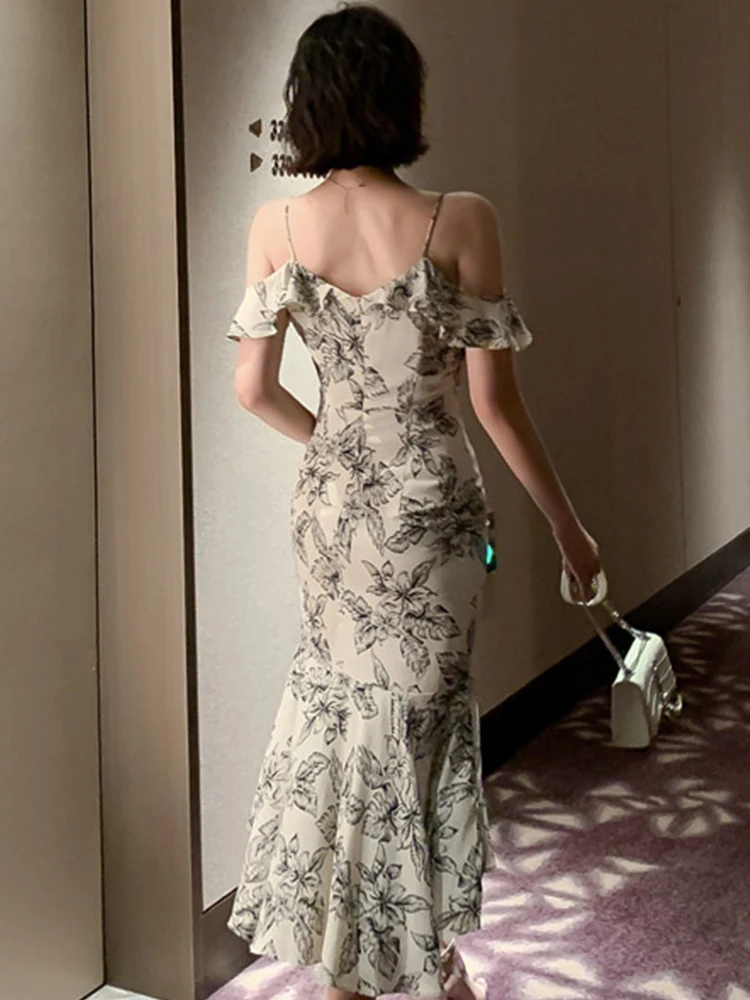 Holiday Vacation Dress Women Sweet Casual Sexy Ruffles Strap Off Shoulder Folds Slit Fishtail Robe Seaside Party Club Vestidos