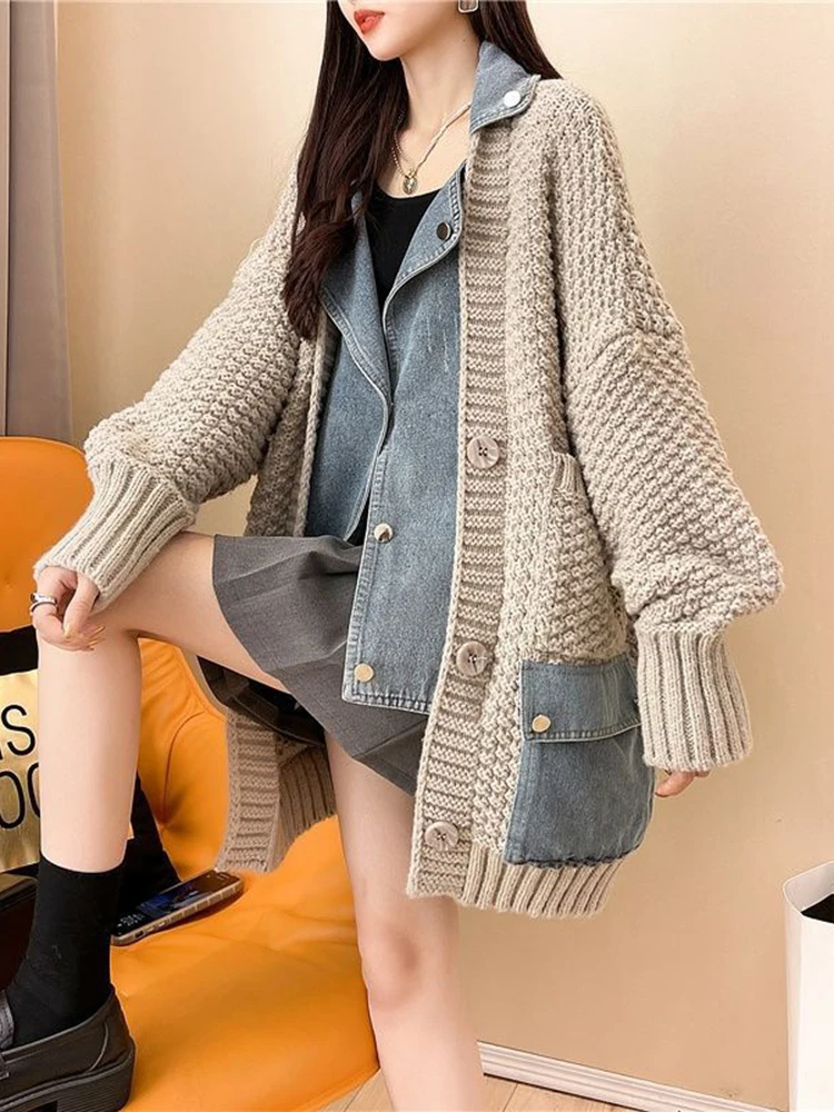 LANMREM Denim Patchwork Knitted Sweaters Women Single Breasted Loose Irregular Cardigan Female Clothing Autumn Winter 2DA9204