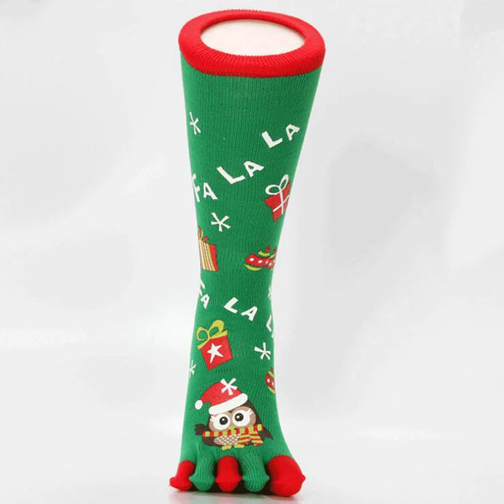 1 Pair Christmas Toe Socks Xmas Socks Five Fingers Long Socks Owl Printing Socks (Green) - Free Size