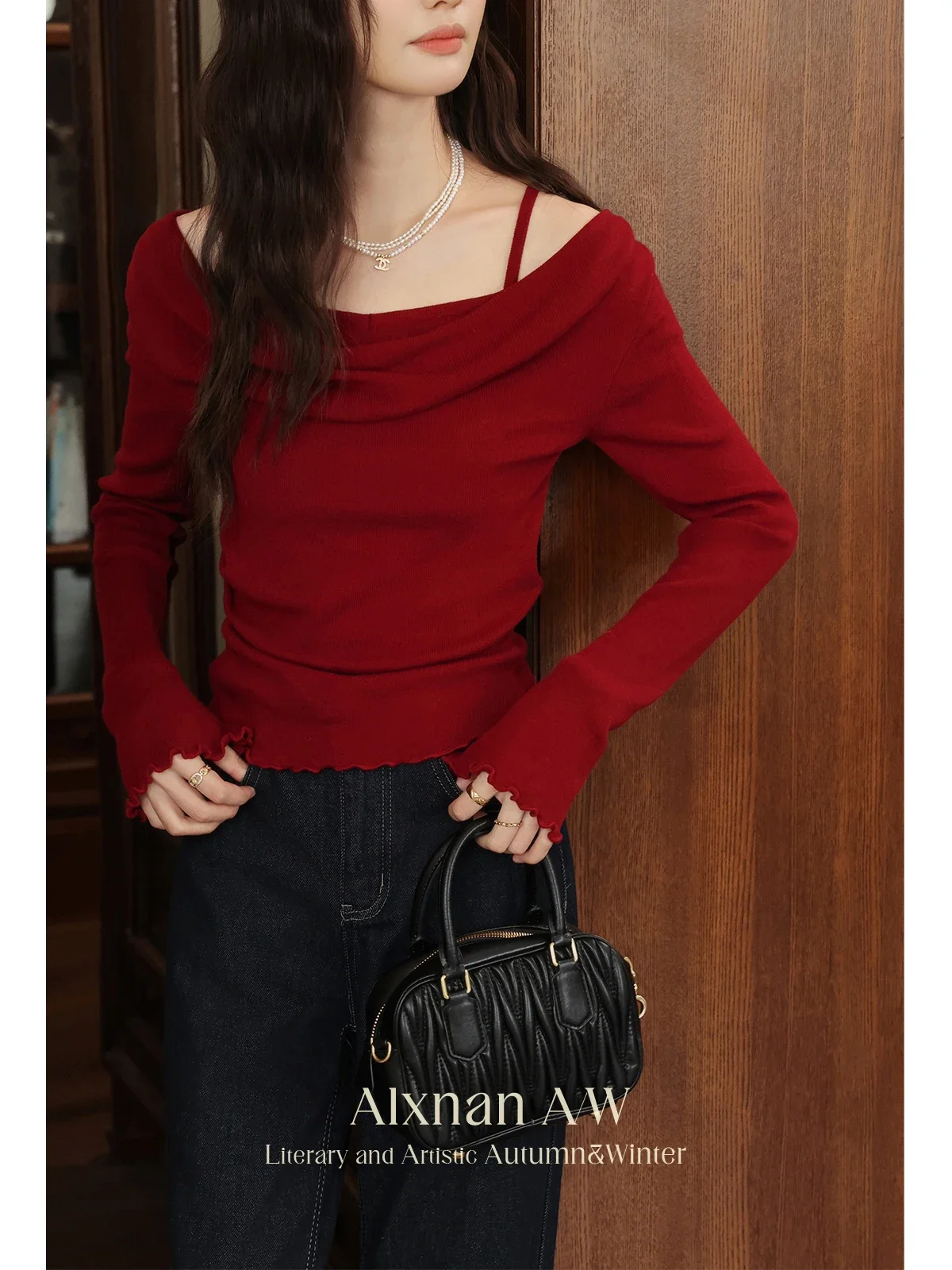 

ALXNAN Women Red 2 in 1 Sweater Trendy Swing Collar Long Sleeve Tops 2024 Autumn Winter Vintage Commuter Knitted Jumper L507105