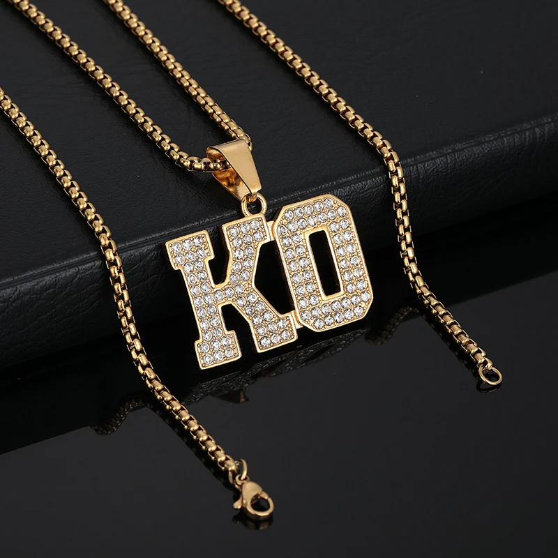 Hip Hop Bling Iced Out Stainless Steel KO Letter Pendants Necklace for Men Rapper Jewelry Gold Color