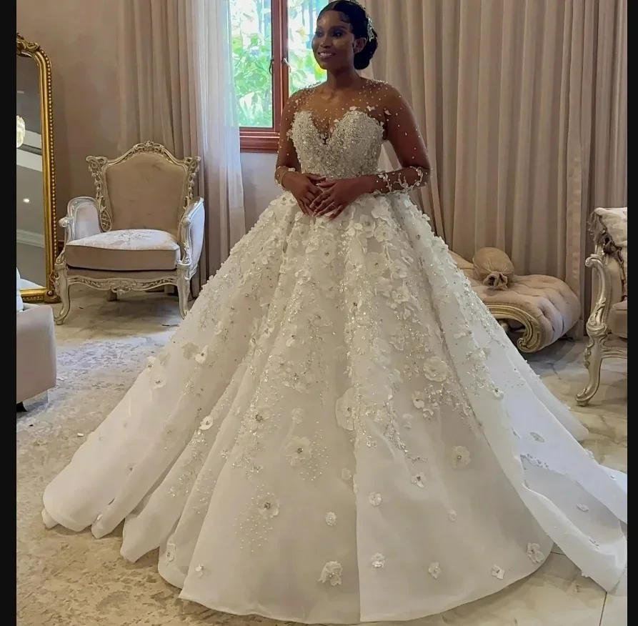 Aso Ebi Elegant Shiny Lace Sequin Decal African Women's Sexy V-Neck Transparent Long Sleeved Ballroom Bride Dress Customized