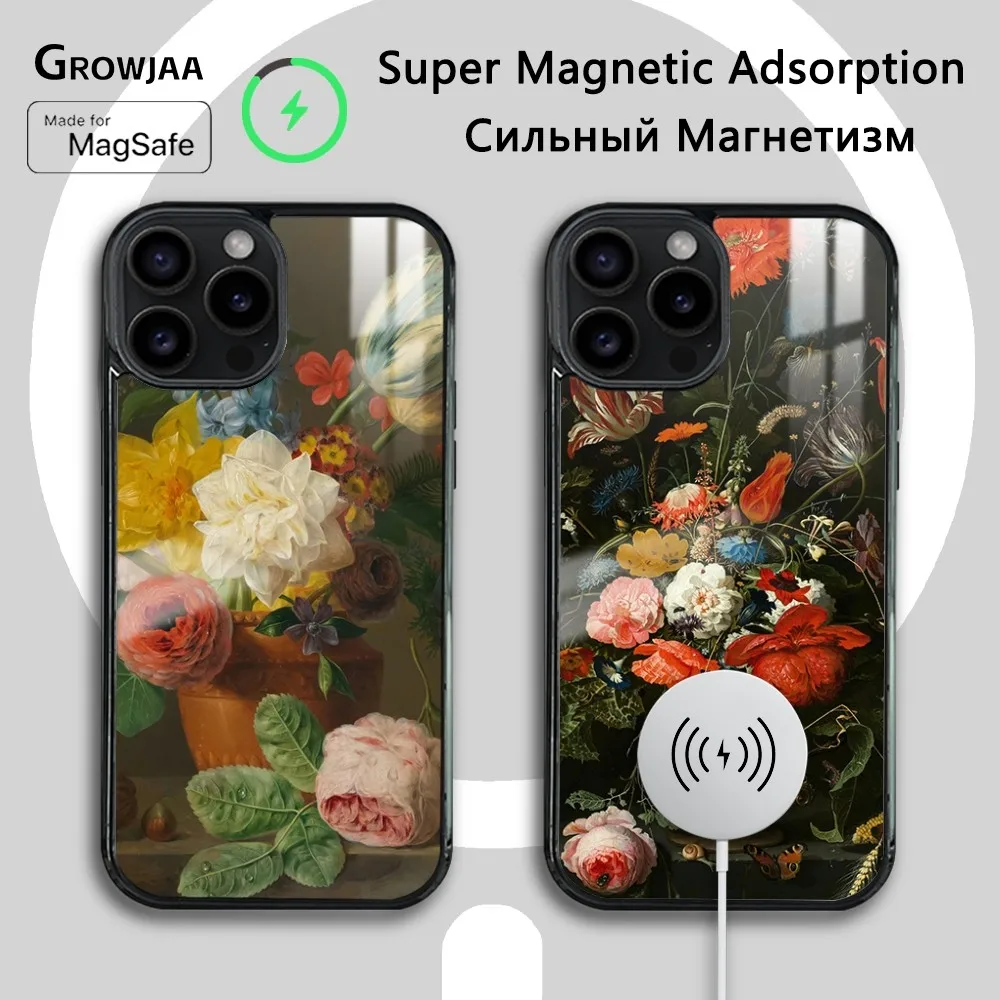 

Beautiful Oil Painting Flowers Phone Case For iPhone 16 15 14 13 12 11 Pro Max Plus Mini Magsafe Mirror Wireless Magnetic Cover