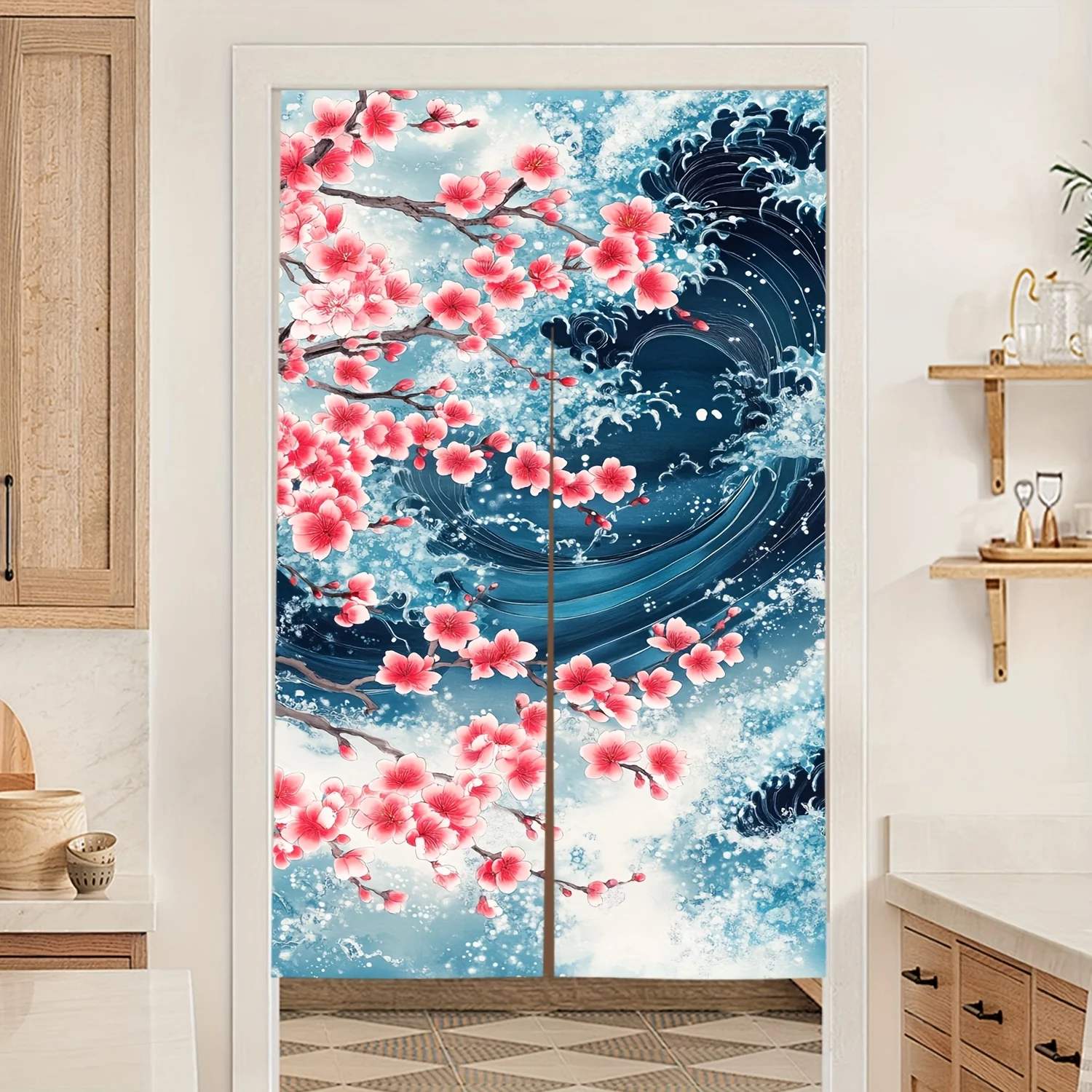 1 قطعة ستارة المدخل ساكورا بريز نورين ، تصميم أزهار الكرز عاصف السماء ، نمط آرت ديكو ، نسج الساتين من الكتان الصناعي #2