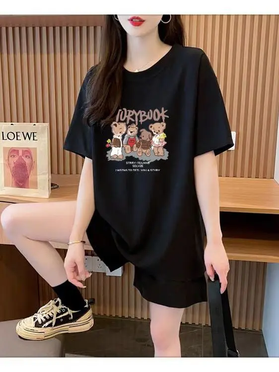 

Summer 2026 Loose Fit Casual Bear Print Sportswear Set Women's Short Sleeve Top Shorts Two Piece Set Youthful Style round Neck