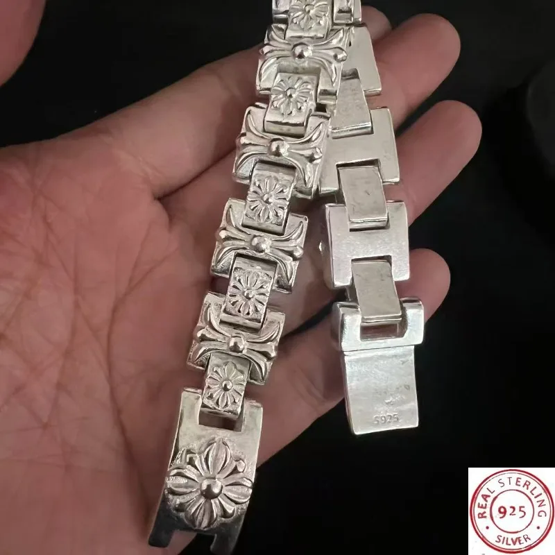 

925 Tibetan Silver Artisan Hand Carved Bracelet, Handmade Beaded Bangle, Unisex Lucky Blessing Gift Jewelry