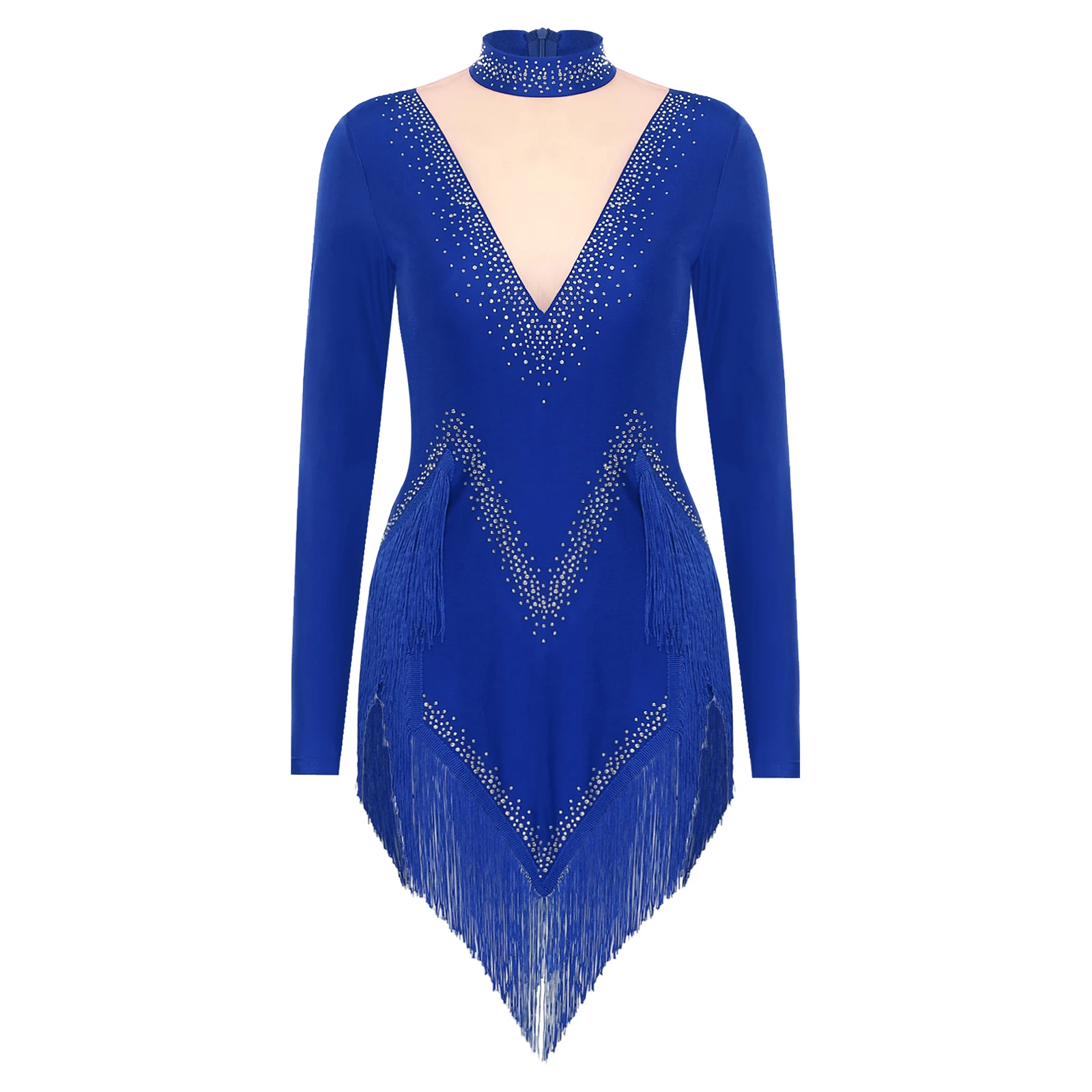 

Women Leotard Tassel Latin Jazz Salsa Dance Dress Show Performance Costume Long Sleeve Rhinestones Tango Chacha Dance Dress