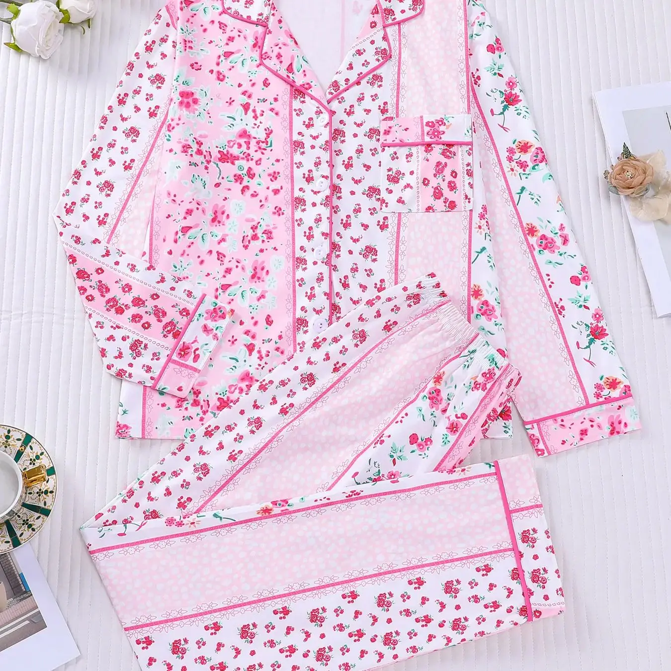 

Pink floral women's sleepwear set, long sleeved cardigan, long pants, home wear, gentle style, can be worn as a two-piece set