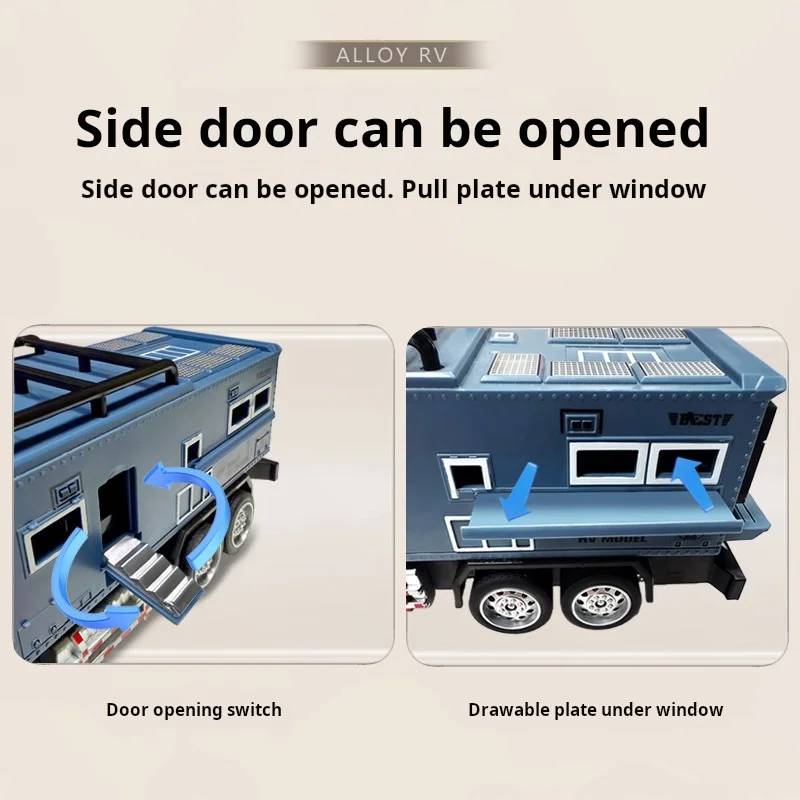 Modelo de vehículo todoterreno a escala 1:24, juguetes en miniatura para RV, puertas de luz con sonido fundido a presión de Metal, modelos de coches de Camping abiertos para niños