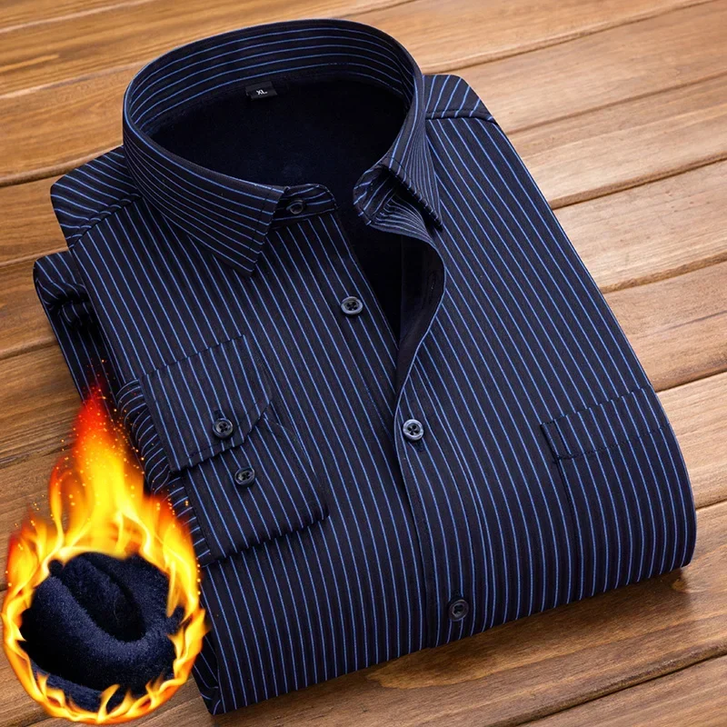 

Stripe Shirt Men Fleece Winter 2023 Flannel Thick Warm Dress Tuxedo Formal Shirt Casual Long Sleeve Slim Fit Pocket Velvet
