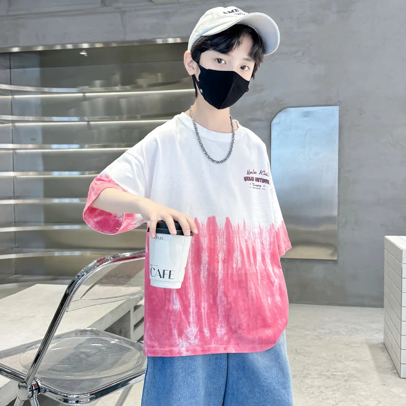 New Summer Young Kids Tie-Dye Clothes Streetwear Print T-shirt Short Sleeve Tops Tees Boys Cotton Tshirts School Clothes 5-14 T