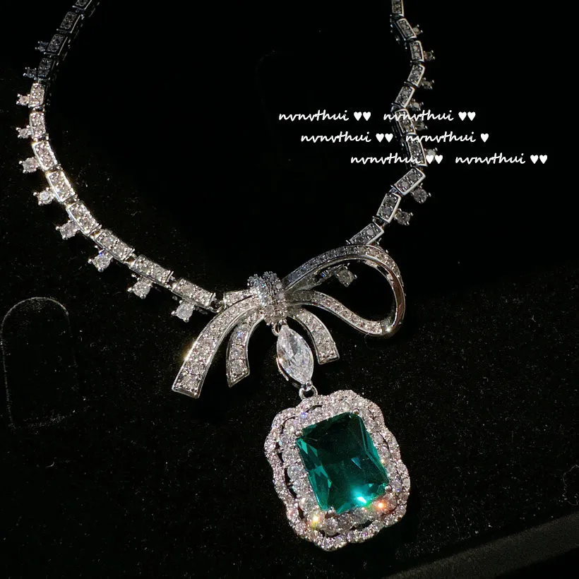 3pcs/set Elegant Bowknot Wedding Jewelry Sets Women Luxury Platinum Plating Green Zircon Stone Temperament Drop Earring Necklace