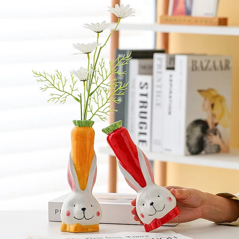 8.46 Inch Ceramic Carrot Vase Cartoon Rabbit Porcelain Vase Bunny Bud Vase Home Decoration Centerpiece Ornament
