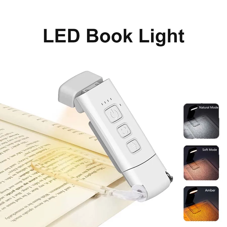 LED Book Light USB Rechargeable Clip Reading Light Eye Protection Night Light Portable 3 Colors 5-Level Brightness Bookmark Lamp