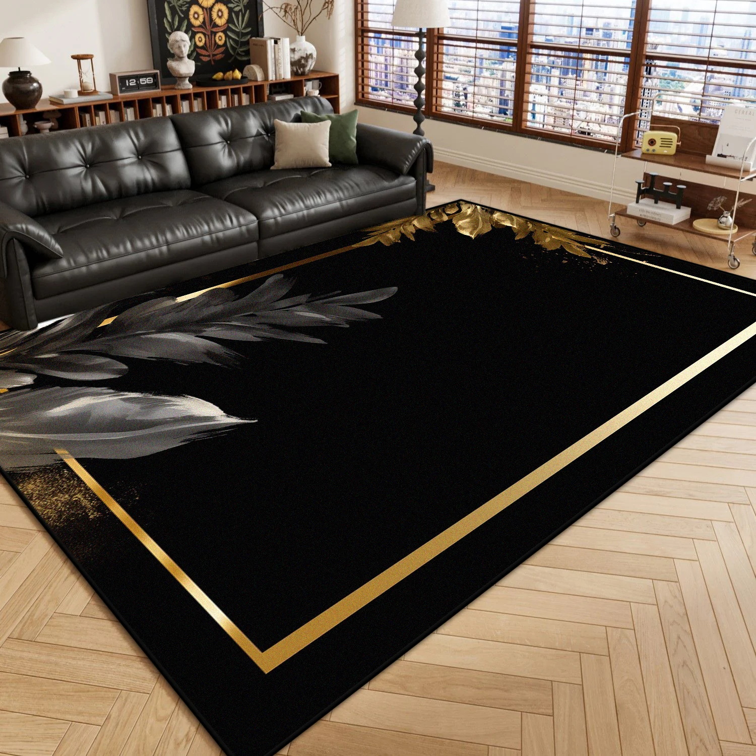 

Modern Light Luxury Black Carpet Living Room Large Area Non-slip Cloakroom Decoration Rug Soft Foldable Sofa Table Mat Washable