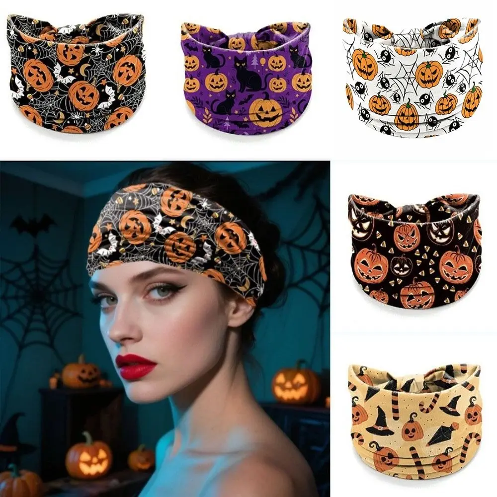 Skull Print Halloween Headbands Wide Bohemian Party Costume Headwraps Extra Large Cotton Stretch Elastic Turban Headwear
