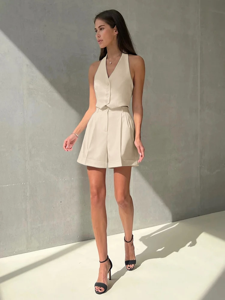 Mumaroho 2024 Spring Summer Women Office Solid Khaki Shorts Set Sleeveless Halter Outfit 2 Piece Matching Sets For Women