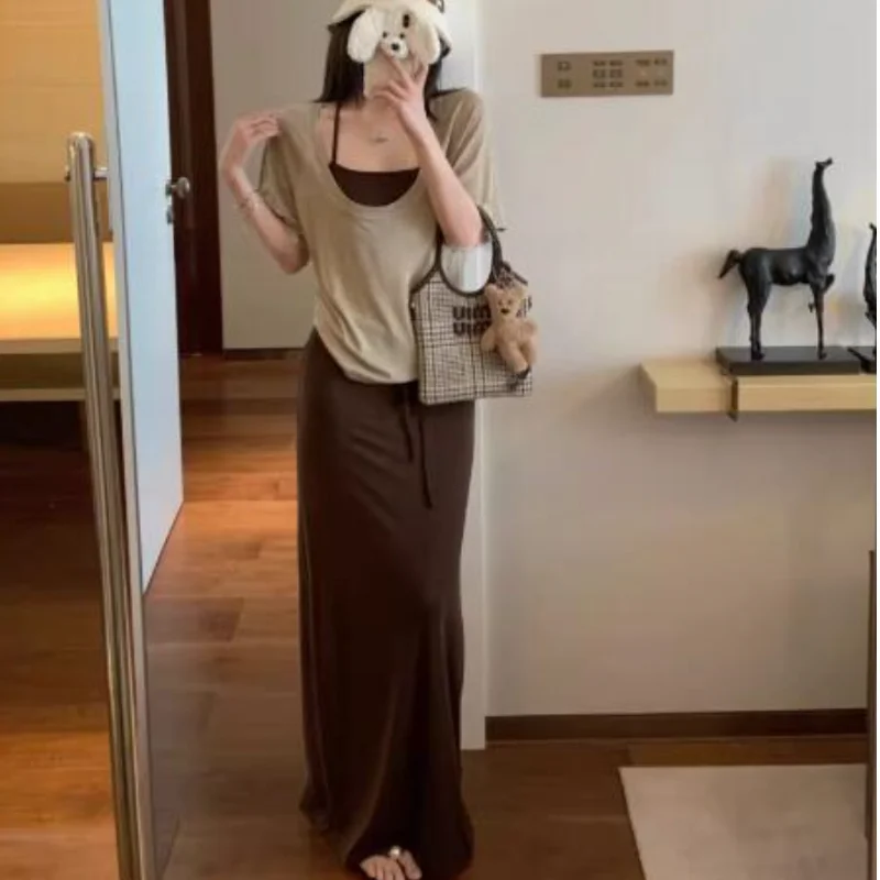 Spring 2026 High Waist Elastic Floor Length Skirt Women's plus Size Casual Style Polyester Fiber Body Covering Half-length Skirt