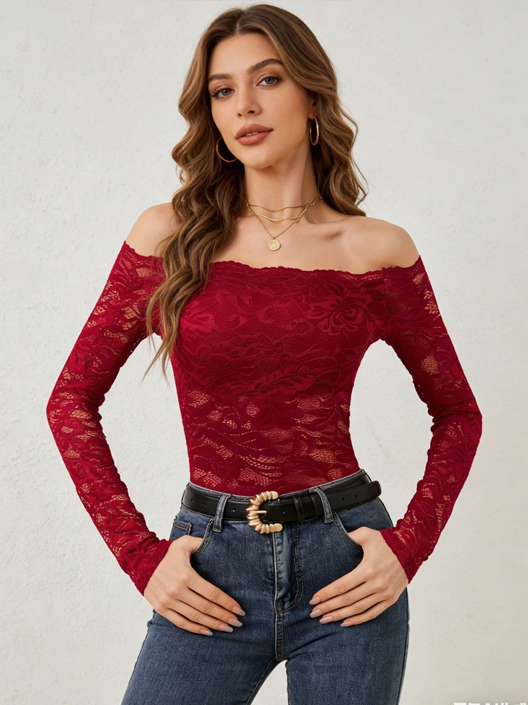 Elegante off-shoulder slim fit kanten blouse mode lange mouw mesh pure blouses sexy uitgehold top casual effen kleur shirt