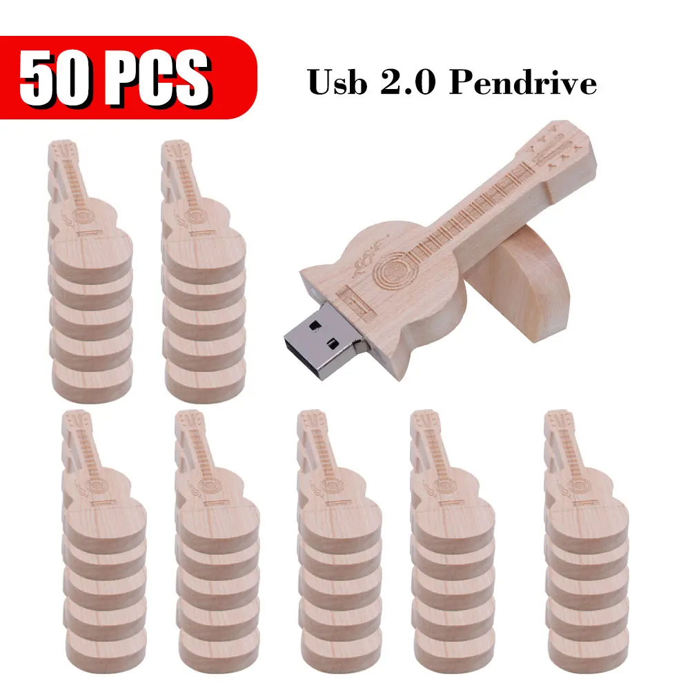 50 PCS LOT Wood Guitar USB Flash Drive 128G Free Custom Logo Pen Drive 64G Wooden Box Memory Stick Memoria Gift 16GB 32GB U Disk