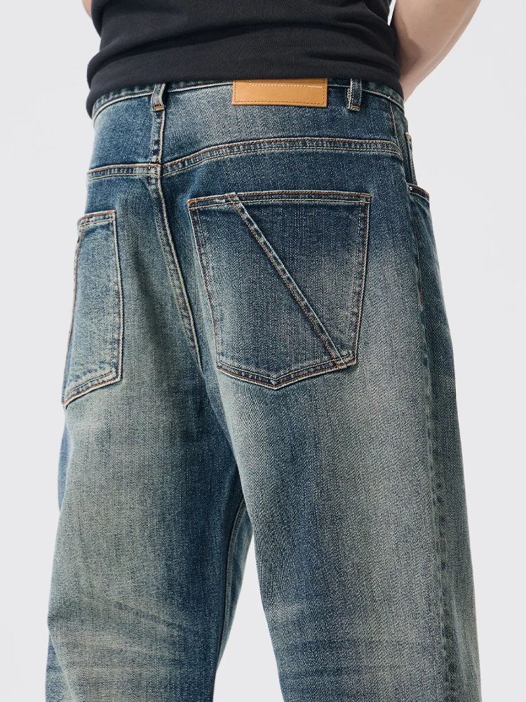 

KSTUN Male Jeans Spring High Street Cleanfit Baggy Straight Jeans Stretch Vintage Washed Patchwork Pocket Premium Denim Trousers