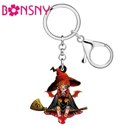 BONSNY Acrylic Terrible Witch Doll Broom Keychain Keyring Halloween Charm Key Chain Jewelry Gifts For Women Girls Key Bag Decor