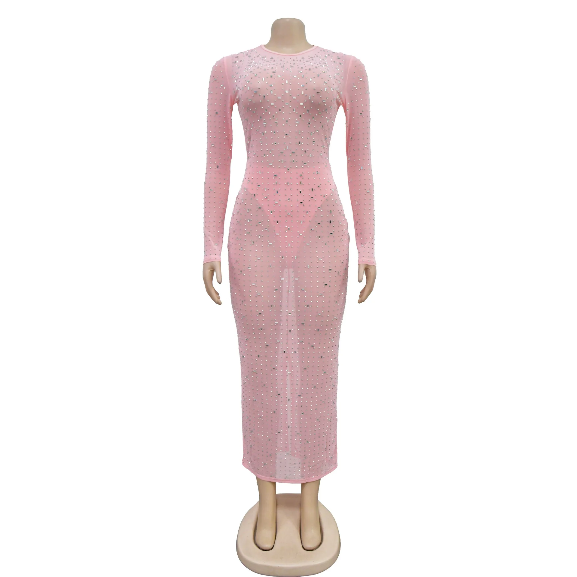 Nueva moda Sexy manga larga cuello redondo lentejuelas Color sólido ajustado vaina Split Sheer vestido hasta el suelo para mujer, 4 colores