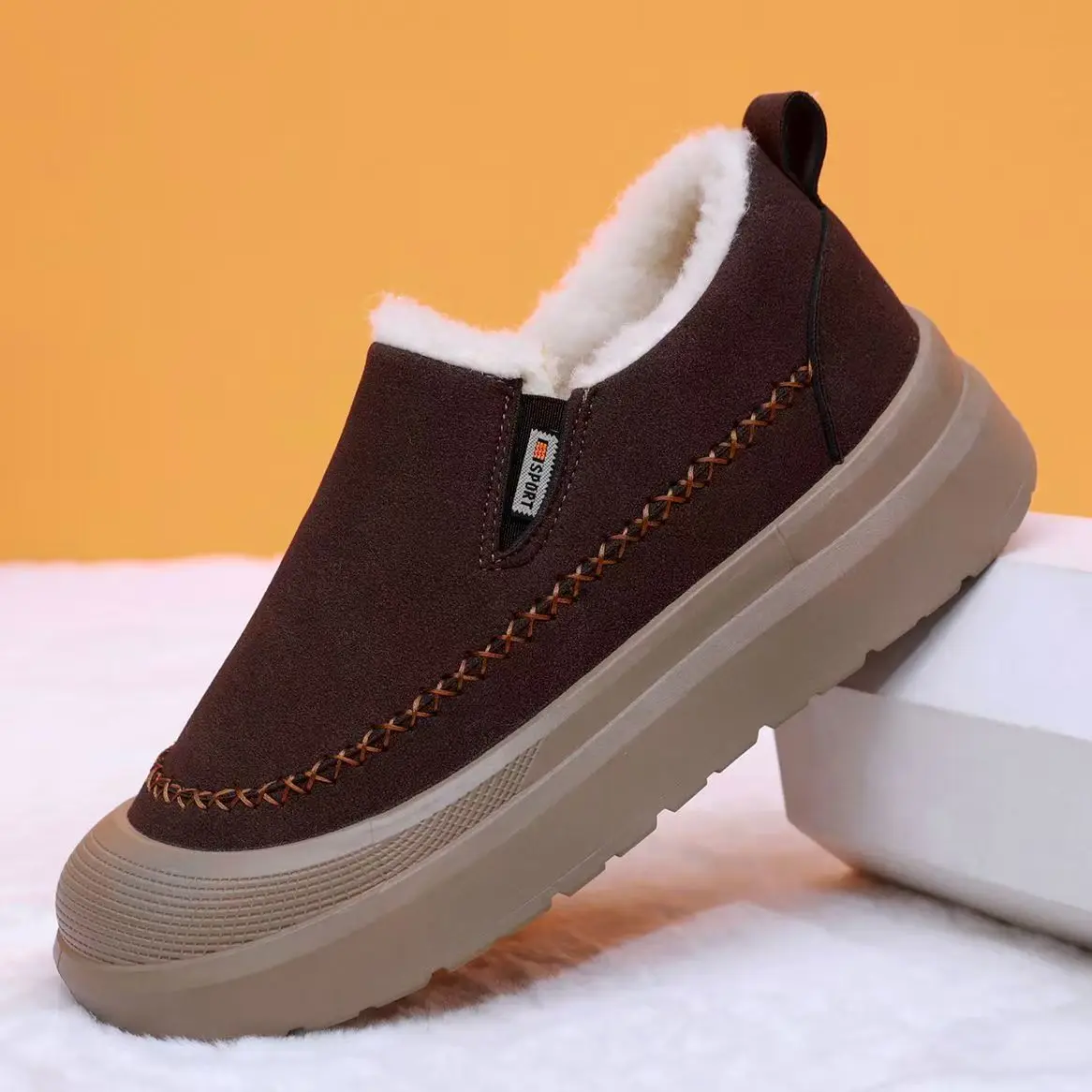 Men Winter New Low Top Slip On Snow Boots Thick Sole Non Slip Round Toe Thicken Plush Keep Warm Lightweight Elderly Cotton Shoes