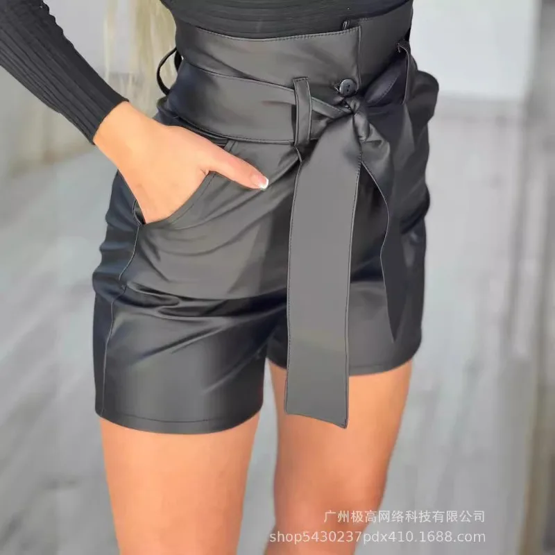 Spring Summer New Women's Clothing Black High Waist Tied Slim Fit Pu Shorts with Belt