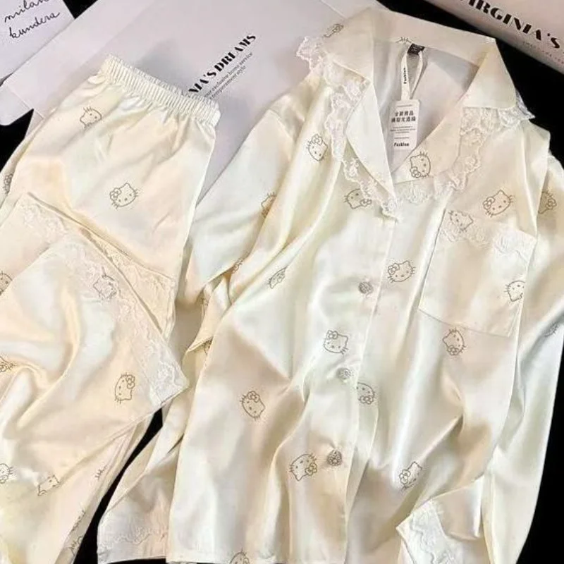 

Комплект пижам Sanrio Hello Kitty с кружевной отделкой, женская летняя домашняя одежда в стиле принцессы, брюки с длинными рукавами, модный комплект ночной одежды Kawaii