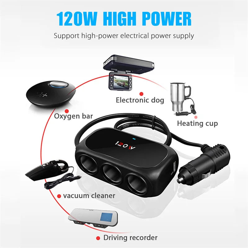 Per LPhone GPS Dashcam 120W 12V 24V 3 prese Splitter per sigarette per auto Dual USB LED Caricatore rapido per auto Adattatore per caricabatteria per auto