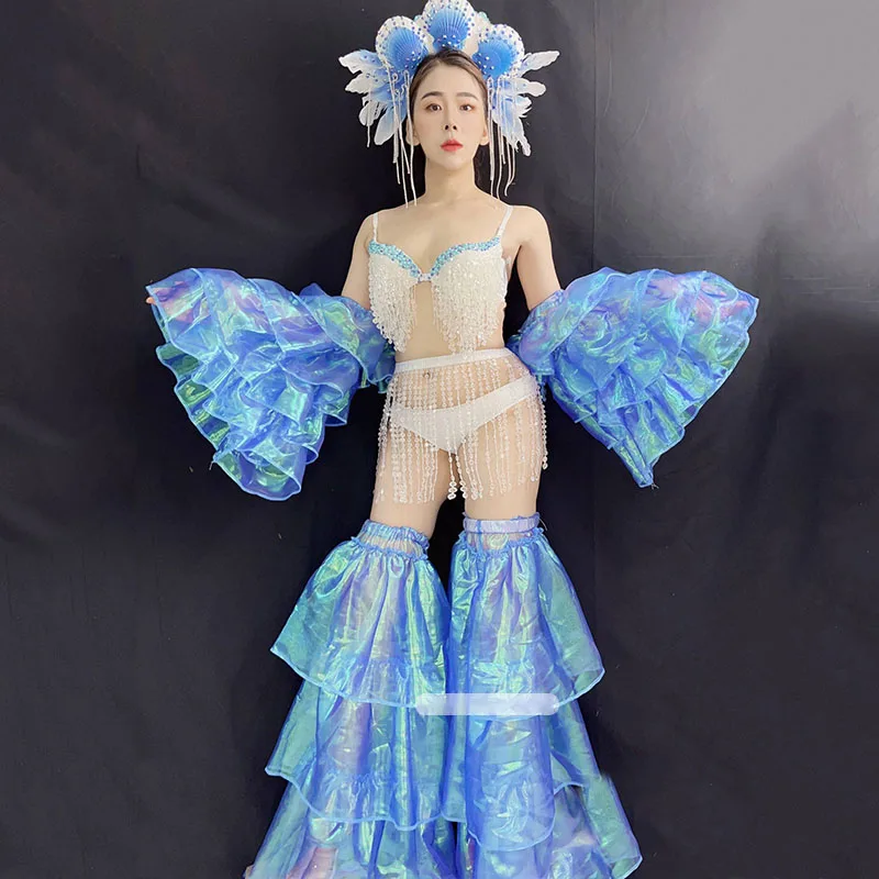 Traje de Drag Queen, traje azul para actuación en escenario, Gogo, club nocturno, fiesta, espectáculo, ropa Rave, Bikini de concha Sexy, Cosplay de sirena 4126