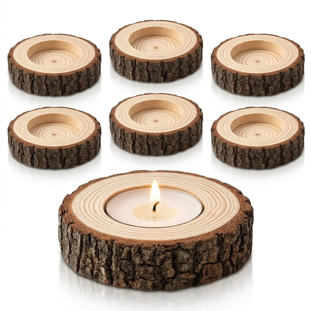 6er-Pack Dekorative Holz-Kerzenhalter, Vintage Holz-Teelichthalter-Set, Kerzen-Tischdekoration für Esstisch, Hochzeit, Party