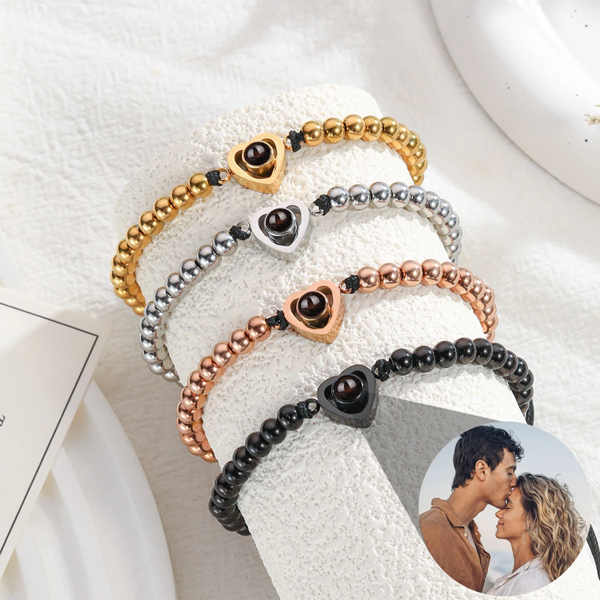 Custom Photo Bracelet Personalized Photo Projection Bracelet Heart Photo Bracelets with Picture Inside for Women/Men/Couple