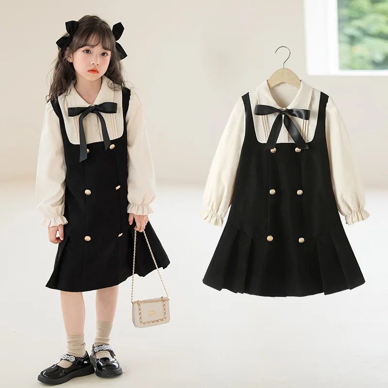 ZOETOPKID Big Girls Two Piece Summer Outfit White Blouse and Black Suspender Dress with Bow Tie Collar Golden Buttons