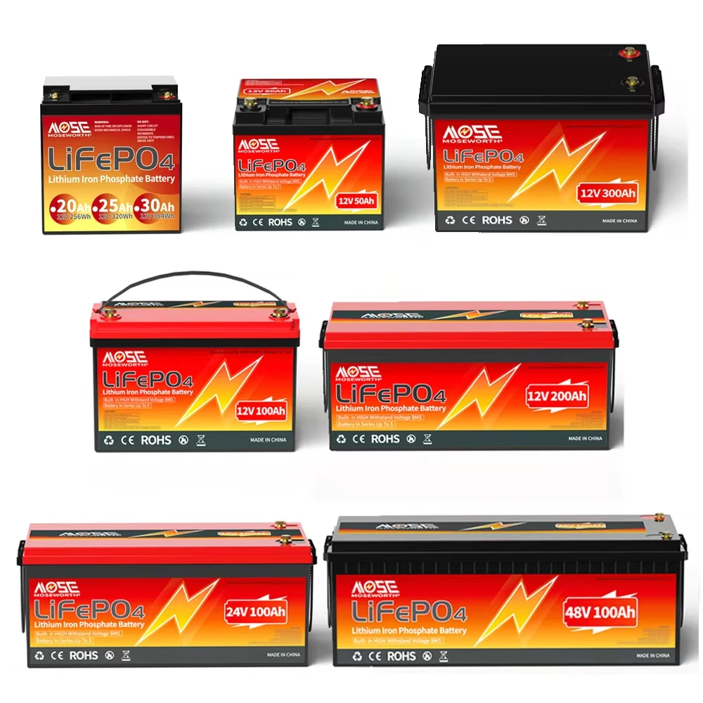 12V 24V LiFePo4 Battery Pack 20Ah 25Ah 50Ah 60Ah 100Ah 200Ah 300Ah Lithium Ion Phosphate Batteries Built-in BMS For Solar Boat